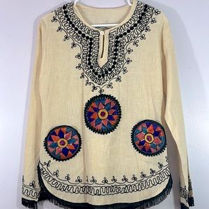 Unique boho embroidered muslin tunic top, fringed , medium
